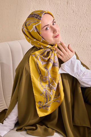 Twill İpek Detailed Belt Eşarp Sarı 90x90 - Twill İpek Eşarp - | Silk Home