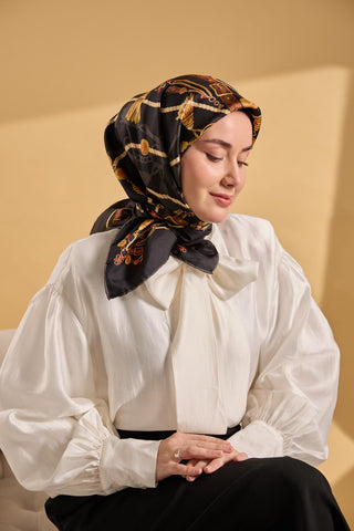 Twill İpek Detailed Belt Eşarp Siyah 90x90 - Twill İpek Eşarp - | Silk Home