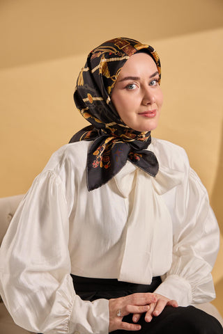 Twill İpek Detailed Belt Eşarp Siyah 90x90 - Twill İpek Eşarp - | Silk Home