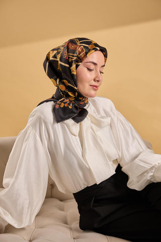 Twill İpek Detailed Belt Eşarp Siyah 90x90 - Twill İpek Eşarp - | Silk Home