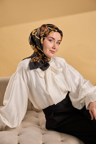 Twill İpek Detailed Belt Eşarp Siyah 90x90 - Twill İpek Eşarp - | Silk Home
