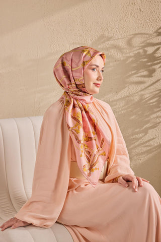 Twill İpek Detailed Belt Eşarp Tozpembe 90x90 - Twill İpek Eşarp - | Silk Home