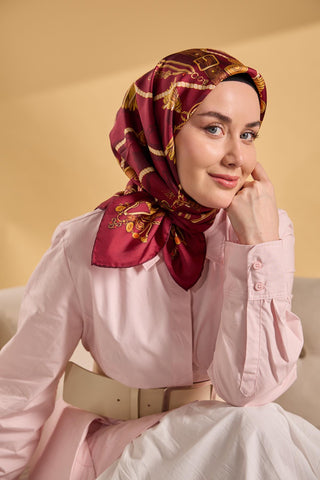 Twill İpek Detailed Belt Eşarp Vişne Çürüğü 90x90 - Twill İpek Eşarp - | Silk Home