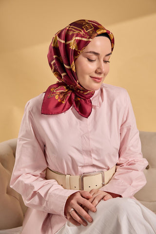Twill İpek Detailed Belt Eşarp Vişne Çürüğü 90x90 - Twill İpek Eşarp - | Silk Home