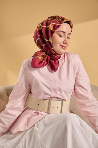 Twill İpek Detailed Belt Eşarp Vişne Çürüğü 90x90 - Twill İpek Eşarp - | Silk Home