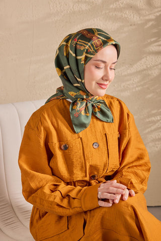 Twill İpek Detailed Belt Eşarp Zümrüt 90x90 - Twill İpek Eşarp - | Silk Home