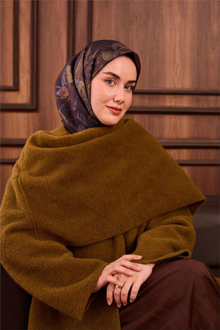 Twill İpek Eşarp Açı Kahve-Kına Yeşili Çiçek Desenli Tok Duruşlu 90X90