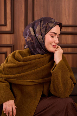 Twill İpek Eşarp Açı Kahve-Kına Yeşili Çiçek Desenli Tok Duruşlu 90X90