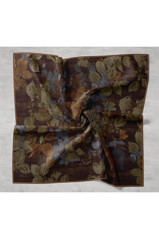 Twill İpek Eşarp Açı Kahve-Kına Yeşili Çiçek Desenli Tok Duruşlu 90X90