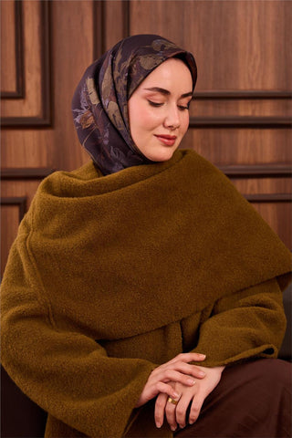 Twill İpek Eşarp Açı Kahve-Kına Yeşili Çiçek Desenli Tok Duruşlu 90X90