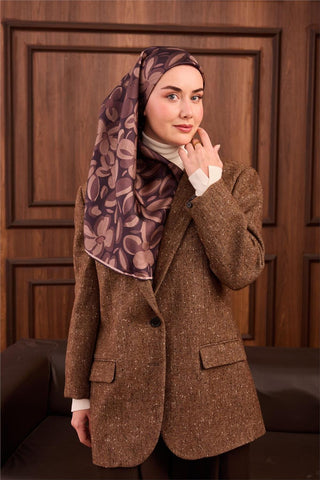 Twill İpek Eşarp Acı Kahve Vizon Kahverengi Papatya Desenli Tok Duruşlu 90X90