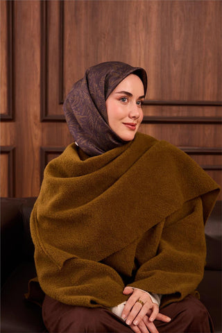 Twill İpek Eşarp Antrasit-Kına Yeşili Çiçek Desenli Tok Duruşlu Kaymaz 90X90