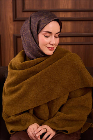 Twill İpek Eşarp Antrasit-Kına Yeşili Çiçek Desenli Tok Duruşlu Kaymaz 90X90