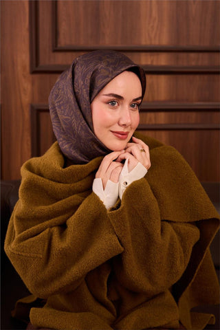 Twill İpek Eşarp Antrasit-Kına Yeşili Çiçek Desenli Tok Duruşlu Kaymaz 90X90