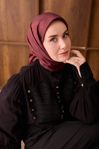 Twill İpek Eşarp Batik Koyu Kırmızı - Twill İpek Eşarp - | Silk Home