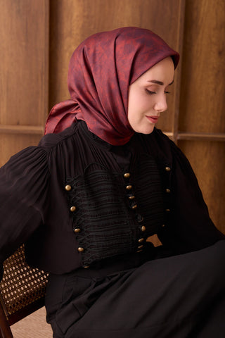 Twill İpek Eşarp Batik Koyu Kırmızı - Twill İpek Eşarp - | Silk Home