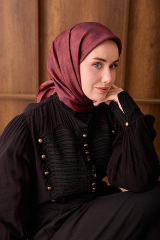 Twill İpek Eşarp Batik Koyu Kırmızı - Twill İpek Eşarp - | Silk Home