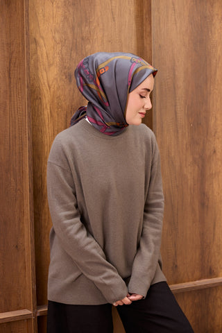 Twill İpek Eşarp Belt Print Füme - Sura İpek Eşarp - | Silk Home