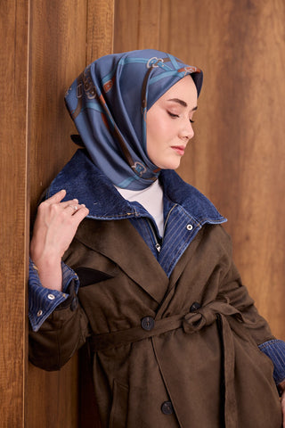 Twill İpek Eşarp Belt Print Gece Mavisi - Sura İpek Eşarp - | Silk Home