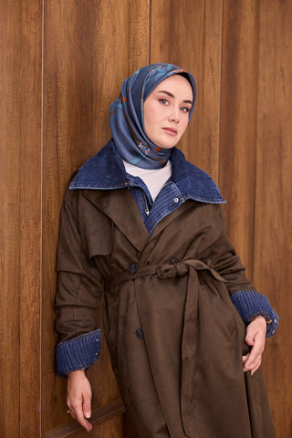 Twill İpek Eşarp Belt Print Gece Mavisi - Sura İpek Eşarp - | Silk Home