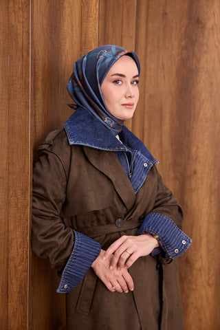 Twill İpek Eşarp Belt Print Gece Mavisi - Sura İpek Eşarp - | Silk Home
