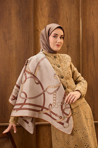 Twill İpek Eşarp Belt Print Gri - Sura İpek Eşarp - | Silk Home