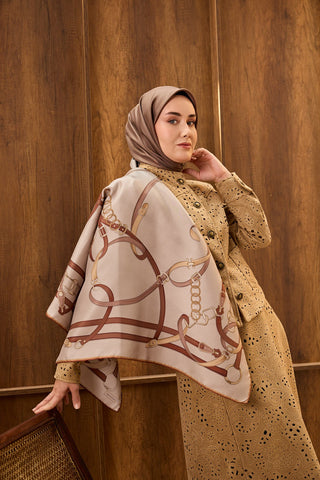 Twill İpek Eşarp Belt Print Gri - Sura İpek Eşarp - | Silk Home