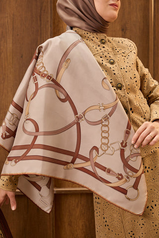 Twill İpek Eşarp Belt Print Gri - Sura İpek Eşarp - | Silk Home