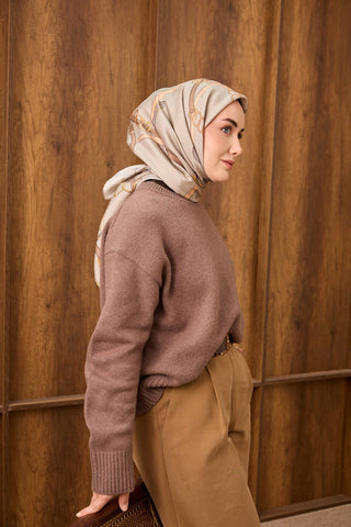 Twill İpek Eşarp Belt Print Gümüş - Sura İpek Eşarp - | Silk Home