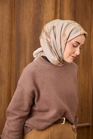Twill İpek Eşarp Belt Print Gümüş - Sura İpek Eşarp - | Silk Home