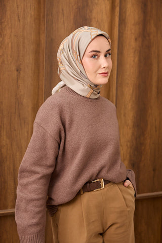 Twill İpek Eşarp Belt Print Gümüş - Sura İpek Eşarp - | Silk Home