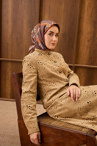 Twill İpek Eşarp Belt Print Kahverengi - Sura İpek Eşarp - | Silk Home