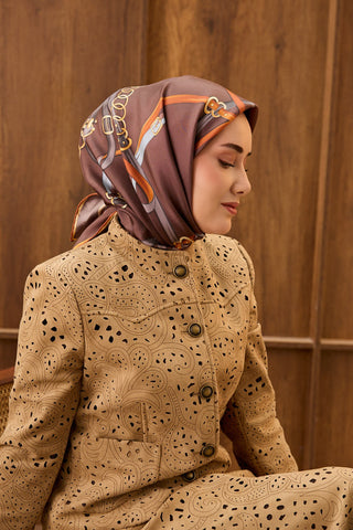 Twill İpek Eşarp Belt Print Kahverengi - Sura İpek Eşarp - | Silk Home