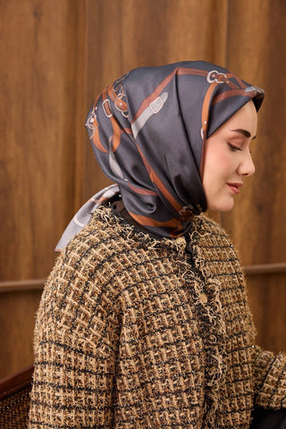 Twill İpek Eşarp Belt Print Koyu Lacivert - Sura İpek Eşarp - | Silk Home