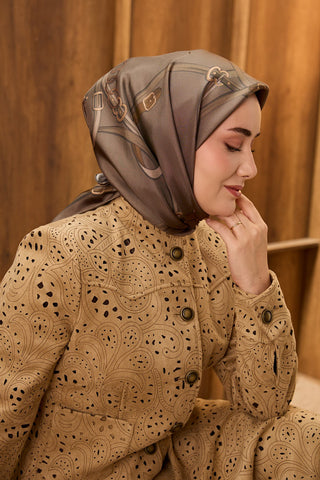 Twill İpek Eşarp Belt Print Koyu Vizon - Sura İpek Eşarp - | Silk Home