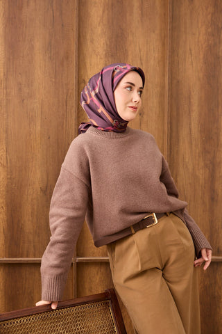 Twill İpek Eşarp Belt Print Mürdüm - Sura İpek Eşarp - | Silk Home