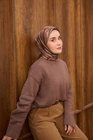 Twill İpek Eşarp Belt Print Pudra Vizon - Sura İpek Eşarp - | Silk Home