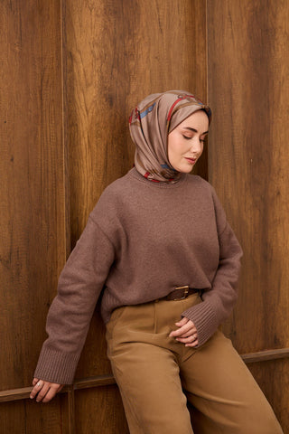 Twill İpek Eşarp Belt Print Pudra Vizon - Sura İpek Eşarp - | Silk Home