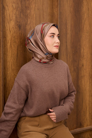 Twill İpek Eşarp Belt Print Pudra Vizon - Sura İpek Eşarp - | Silk Home