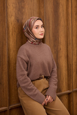 Twill İpek Eşarp Belt Print Pudra Vizon - Sura İpek Eşarp - | Silk Home