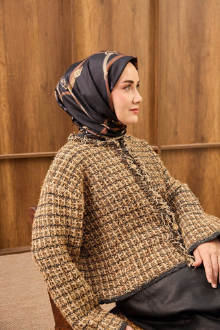 Twill İpek Eşarp Belt Print Siyah - Sura İpek Eşarp - | Silk Home