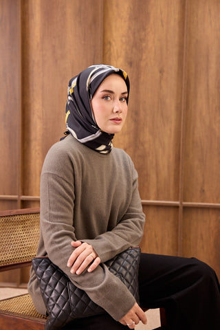 Twill İpek Eşarp Belt Print Siyah - Sura İpek Eşarp - | Silk Home