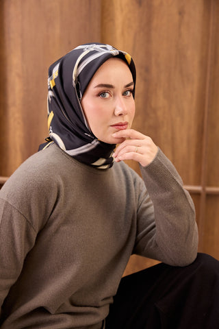 Twill İpek Eşarp Belt Print Siyah - Sura İpek Eşarp - | Silk Home