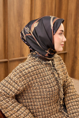 Twill İpek Eşarp Belt Print Siyah - Sura İpek Eşarp - | Silk Home