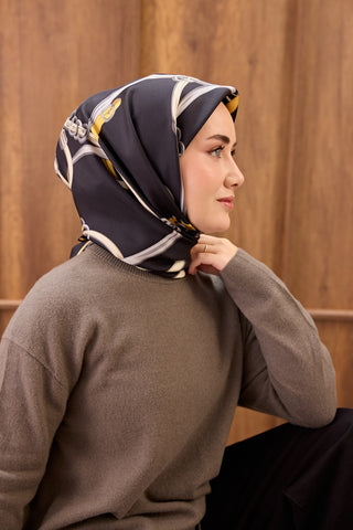 Twill İpek Eşarp Belt Print Siyah - Sura İpek Eşarp - | Silk Home