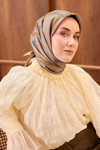 Twill İpek Eşarp Belt Print Vizon - Sura İpek Eşarp - | Silk Home