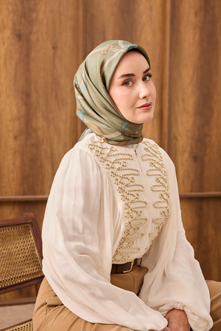 Twill İpek Eşarp Belt Print Yeşil - Sura İpek Eşarp - | Silk Home
