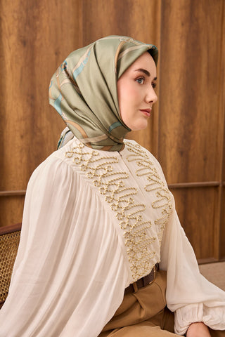 Twill İpek Eşarp Belt Print Yeşil - Sura İpek Eşarp - | Silk Home