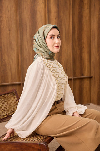 Twill İpek Eşarp Belt Print Yeşil