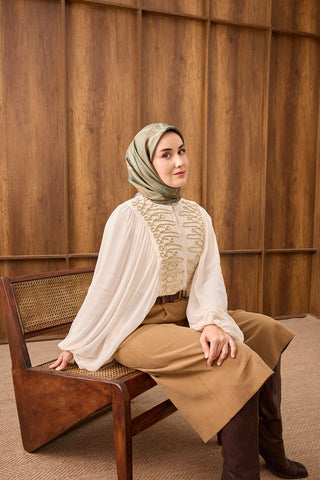 Twill İpek Eşarp Belt Print Yeşil - Sura İpek Eşarp - | Silk Home
